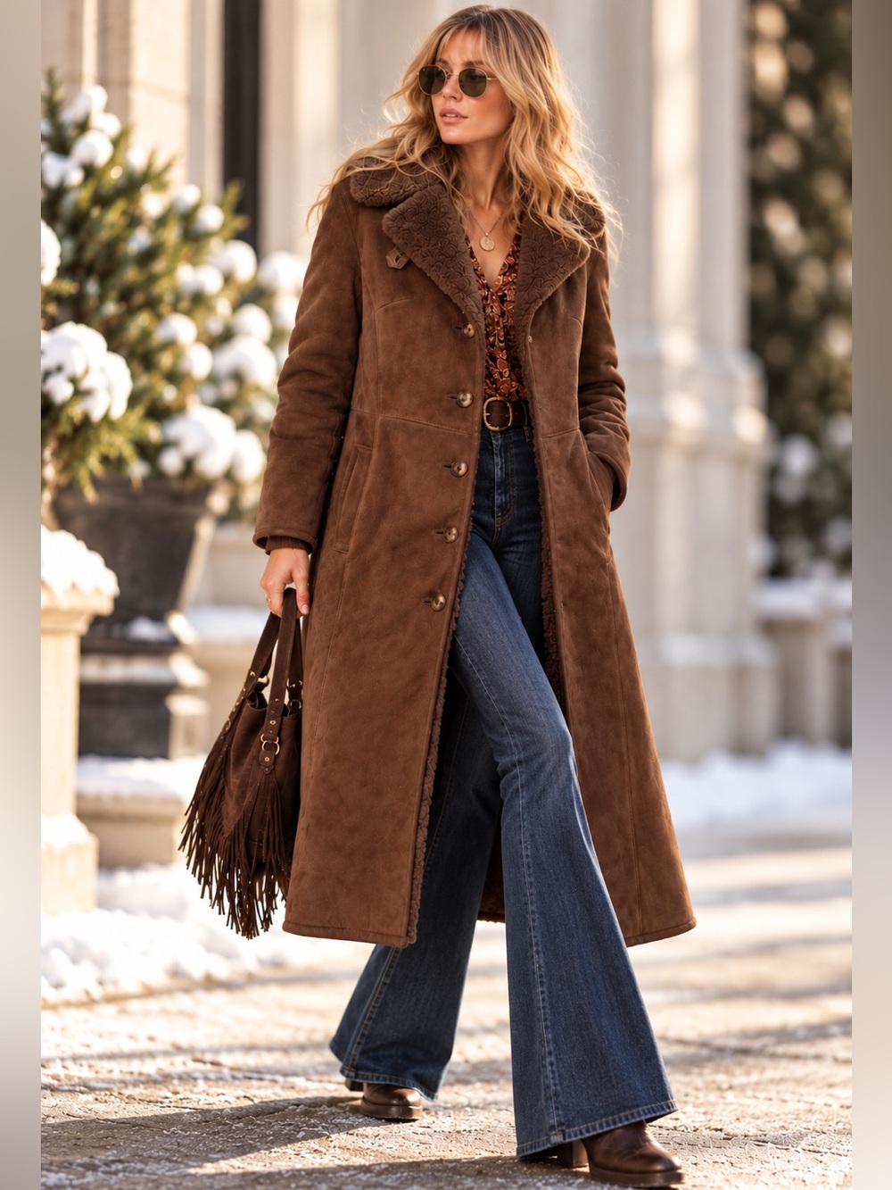 Vintage 70s Genuine Sheepskin Shearling Suede Maxi Coat Penny Lane Brown